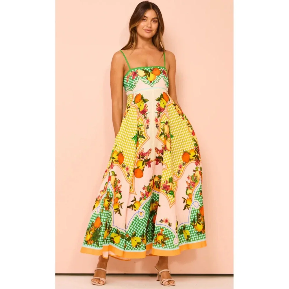 ALÉMAIS Alemais Lemonis Sundress Citrus Print Linen Midi Dress Size 12 - Picture 6 of 12